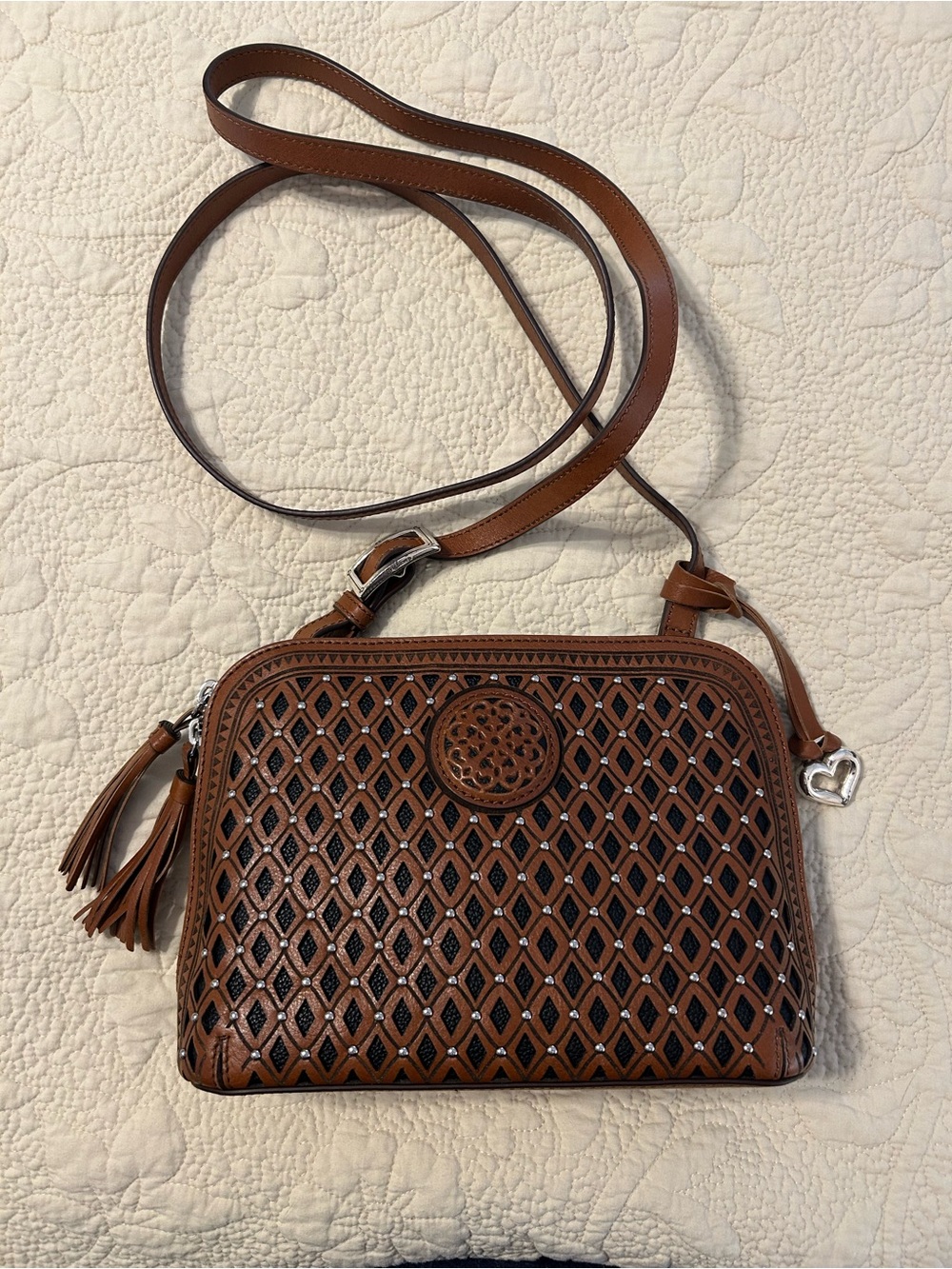 Brighton Lucille Domed Organizer Brown Laser-Cut Leather Crossbody with Tassels